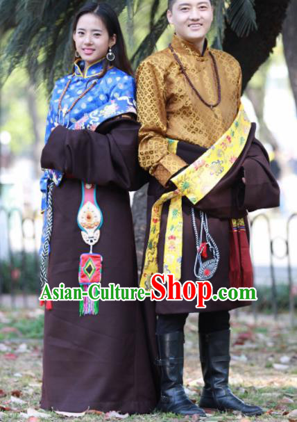 Chinese Traditional Tibetan Bride and Bridegroom Brown Robes Zang Nationality Heishui Dance Ethnic Costumes for Women for Men