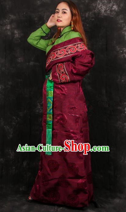 Chinese Traditional Tibetan Ethnic Bride Wine Red Brocade Robe Zang Nationality Heishui Dance Costume for Women