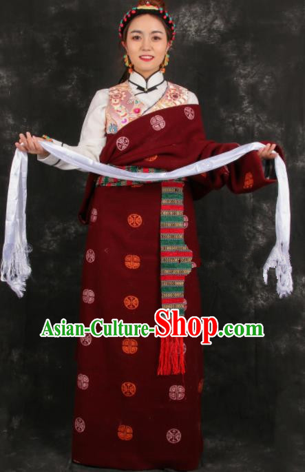 Chinese Traditional Tibetan Ethnic Bride Purplish Red Robe Zang Nationality Heishui Dance Costume for Women