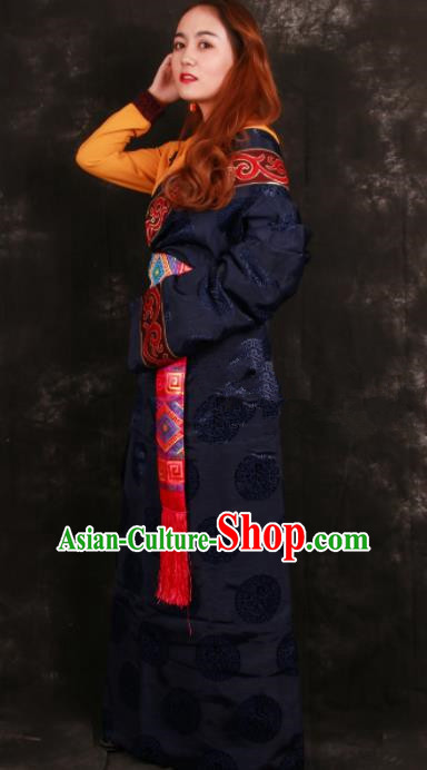 Chinese Traditional Tibetan Ethnic Bride Navy Brocade Robe Zang Nationality Heishui Dance Costume for Women