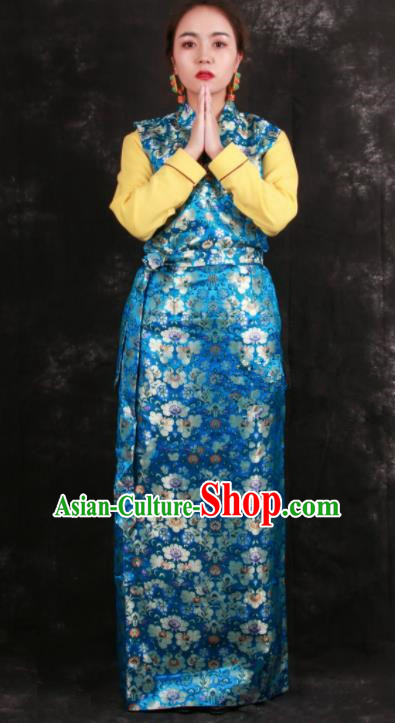 Chinese Traditional Tibetan Ethnic Bride Blue Brocade Dress Zang Nationality Heishui Dance Costume for Women