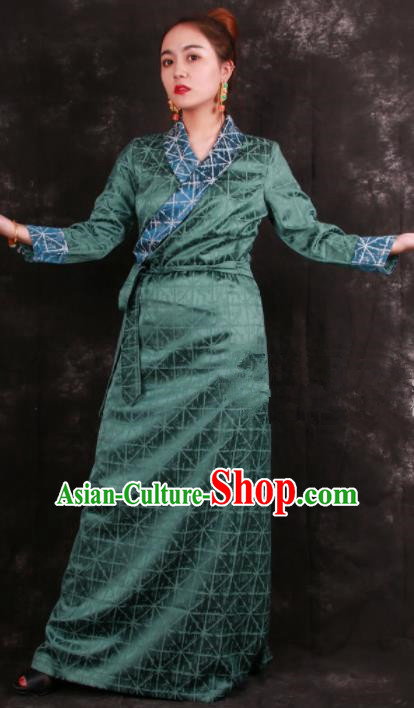 Chinese Traditional Tibetan Ethnic Green Brocade Dress Zang Nationality Heishui Dance Costume for Women