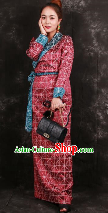 Chinese Traditional Tibetan Ethnic Red Brocade Dress Zang Nationality Heishui Dance Costume for Women