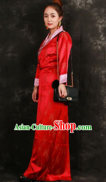 Chinese Traditional Ethnic Red Brocade Tibetan Dress Zang Nationality Heishui Dance Costume for Women