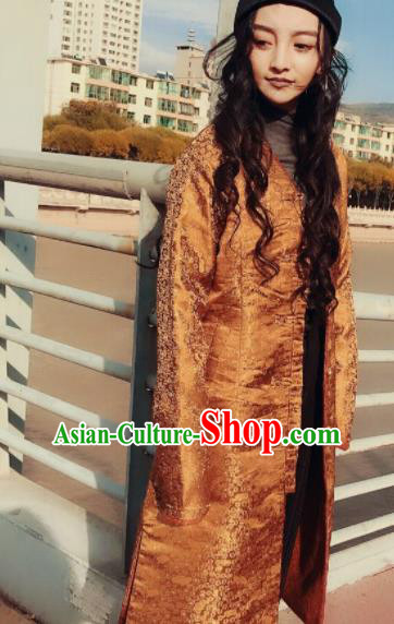 Chinese Traditional Ethnic Female Golden Dust Coat Zang Nationality Costume for Women