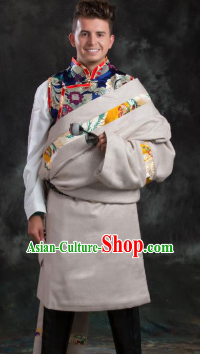 Chinese Traditional White Tibetan Robe Zang Nationality Ethnic Folk Dance Costume for Men