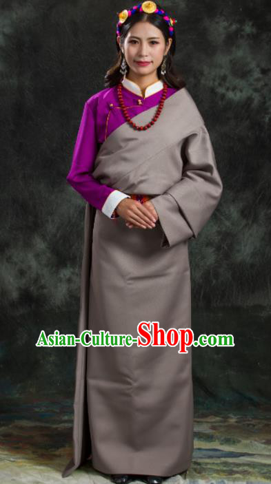 Chinese Traditional National Ethnic Grey Tibetan Robe Zang Nationality Costume for Women