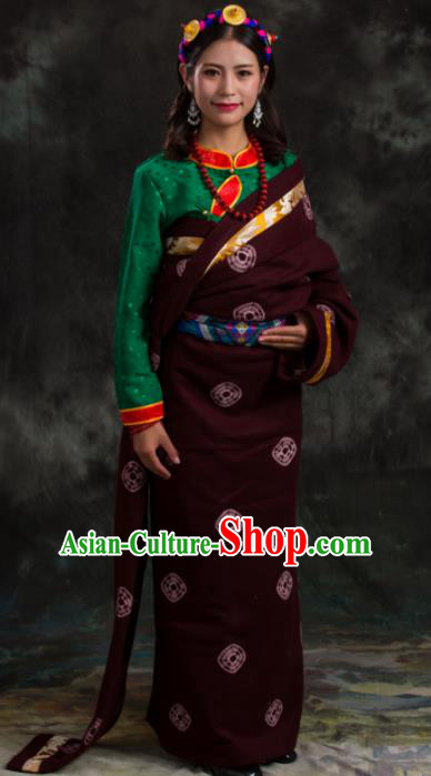 Chinese Traditional National Ethnic Amaranth Tibetan Robe Zang Nationality Costume for Women