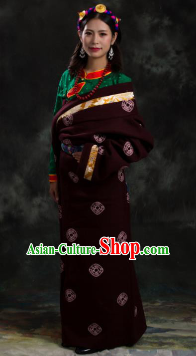 Chinese Traditional National Ethnic Amaranth Tibetan Robe Zang Nationality Costume for Women