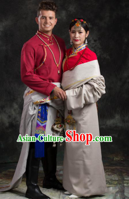 Chinese Traditional Couple Tibetan Robe Zang Nationality Ethnic Folk Dance Costume for Women for Men