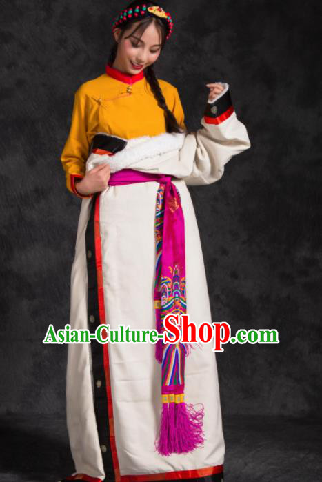 Chinese Traditional Ethnic Female White Tibetan Robe Zang Nationality Heishui Dance Costume for Women