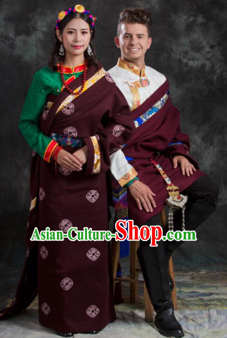 Chinese Traditional Couple Wine Red Tibetan Robe Zang Nationality Ethnic Folk Dance Costume for Women for Men