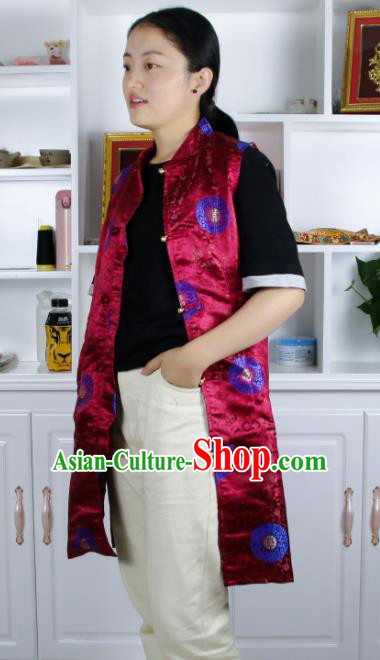 Chinese Traditional National Ethnic Wine Red Tibetan Vest Zang Nationality Costume for Women