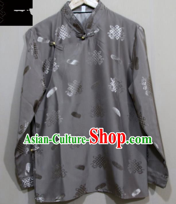 Chinese Traditional Tibetan Grey Shirt Zang Nationality Ethnic Folk Dance Costume for Men