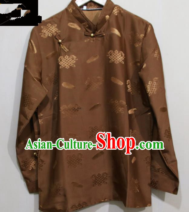 Chinese Traditional Tibetan Brown Shirt Zang Nationality Ethnic Folk Dance Costume for Men