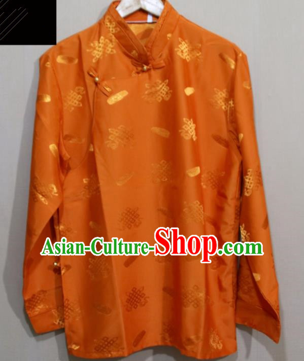 Chinese Traditional Tibetan Orange Shirt Zang Nationality Ethnic Folk Dance Costume for Men