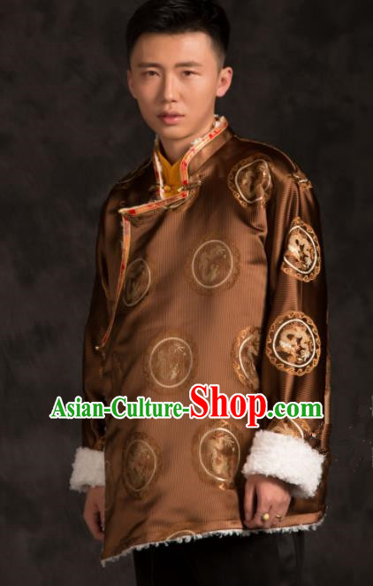 Chinese Traditional Tibetan Brown Brocade Jacket Zang Nationality Wedding Ethnic Costume for Men