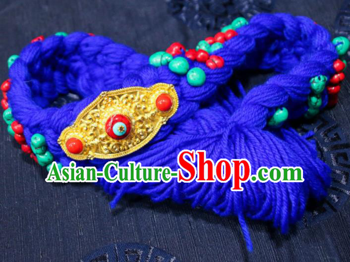 Chinese Traditional Ethnic Tibetan Hair Accessories Zang Nationality National Blue Woolen Yarn Hair Clasp for Women