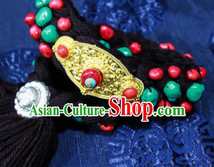 Chinese Traditional Ethnic Tibetan Hair Accessories Zang Nationality National Black Woolen Yarn Hair Clasp for Women