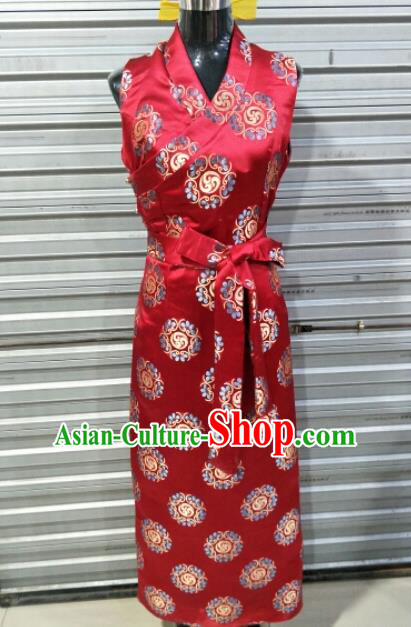 Traditional Chinese National Tibetan Ethnic Red Dress Zang Nationality Folk Dance Costume for Women