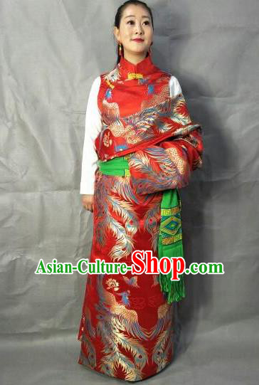 Traditional Chinese National Ethnic Bride Red Brocade Tibetan Robe Zang Nationality Folk Dance Costume for Women