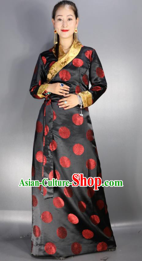 Traditional Chinese National Ethnic Black Brocade Tibetan Dress Zang Nationality Folk Dance Costume for Women
