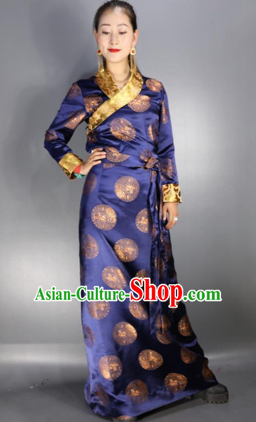 Traditional Chinese National Ethnic Navy Brocade Tibetan Dress Zang Nationality Folk Dance Costume for Women