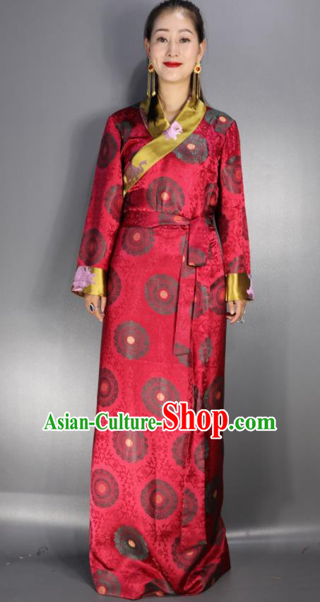 Traditional Chinese National Ethnic Red Brocade Tibetan Dress Zang Nationality Folk Dance Costume for Women