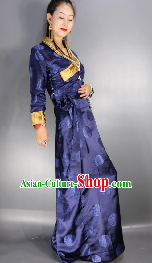 Traditional Chinese National Ethnic Royalblue Brocade Tibetan Dress Zang Nationality Folk Dance Costume for Women
