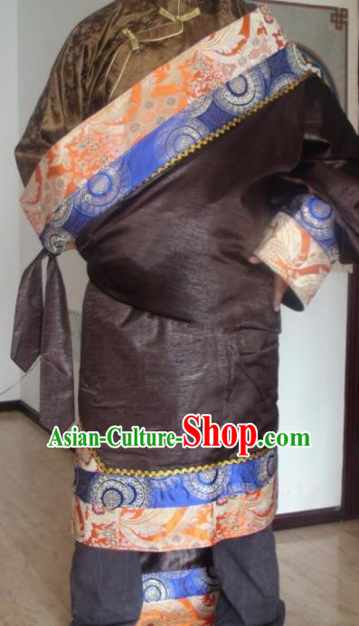 Traditional Chinese National Ethnic Deep Brown Tibetan Robe Zang Nationality Folk Dance Costumes for Men