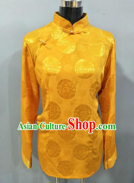 Traditional Chinese National Ethnic Tibetan Golden Blouse Zang Nationality Folk Dance Costume for Women