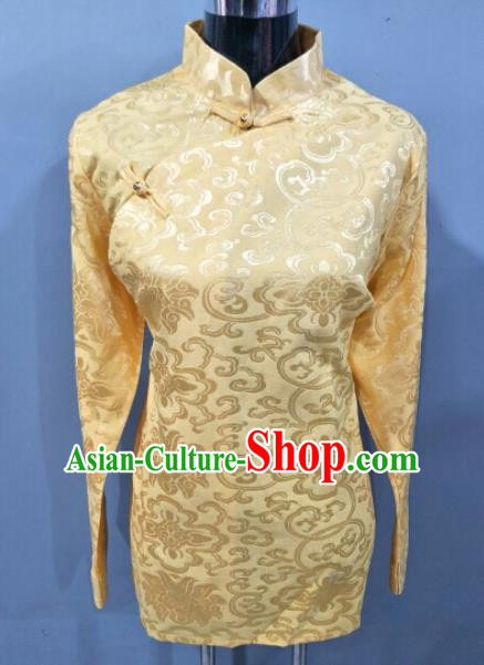 Traditional Chinese National Ethnic Tibetan Yellow Brocade Blouse Zang Nationality Folk Dance Costume for Women