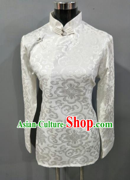 Traditional Chinese National Ethnic Tibetan White Brocade Blouse Zang Nationality Folk Dance Costume for Women