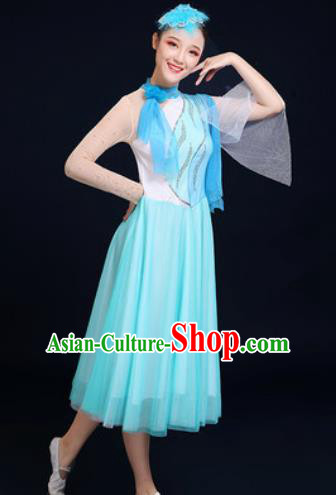 Traditional Chinese Spring Festival Gala Dance Blue Veil Dress Chorus Modern Dance Costume for Women