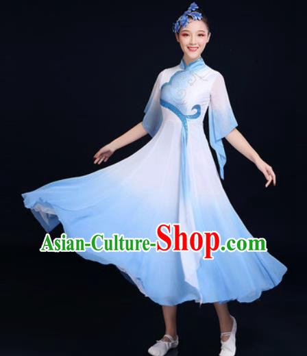 Traditional Chinese Classical Dance Light Blue Dress Umbrella Dance Fan Dance Costume for Women