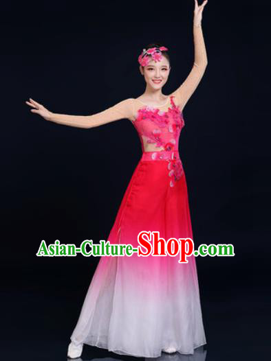 Traditional Chinese Classical Dance Rosy Dress Umbrella Dance Fan Dance Costume for Women
