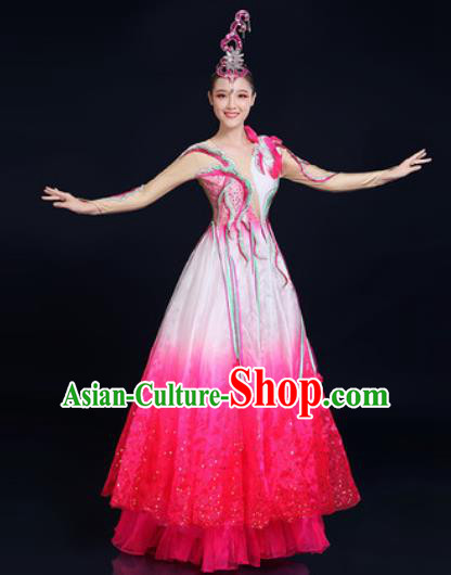 Traditional Chinese Classical Dance Rosy Dress Umbrella Dance Stage Performance Fan Dance Costume for Women