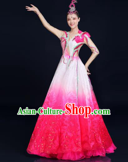 Traditional Chinese Classical Dance Rosy Dress Umbrella Dance Stage Performance Fan Dance Costume for Women