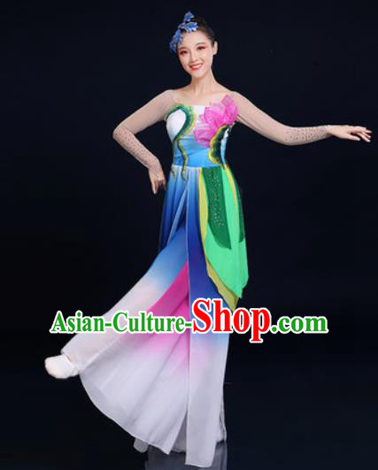 Traditional Chinese Classical Dance Blue Dress Umbrella Dance Stage Performance Fan Dance Costume for Women