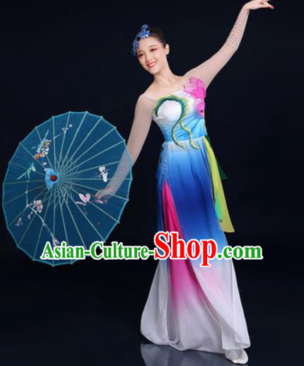 Traditional Chinese Classical Dance Blue Dress Umbrella Dance Stage Performance Fan Dance Costume for Women