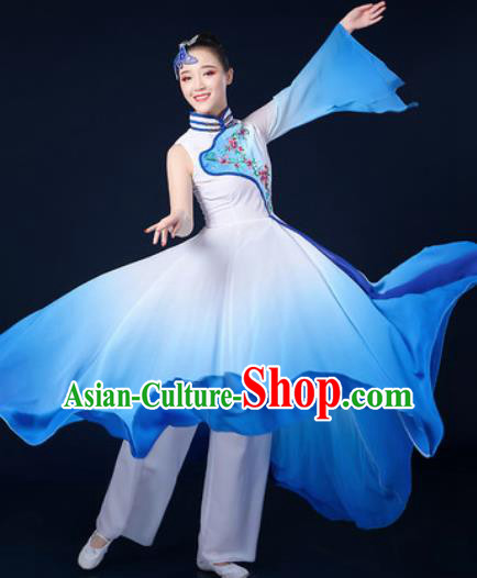 Chinese Traditional Classical Dance Blue Dress Umbrella Dance Stage Performance Costume for Women