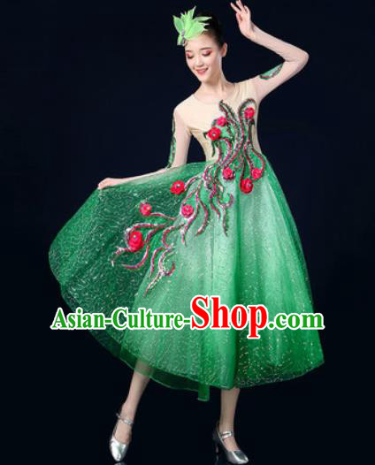 Traditional Chinese Spring Festival Gala Opening Dance Green Veil Dress Chorus Modern Dance Costume for Women