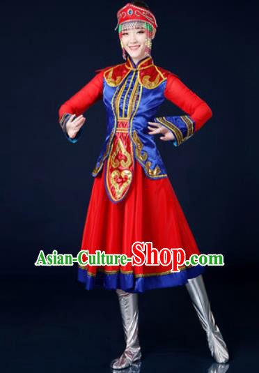 Traditional Chinese Ethnic Dance Red Dress Mongolian Nationality Stage Performance Costume for Women