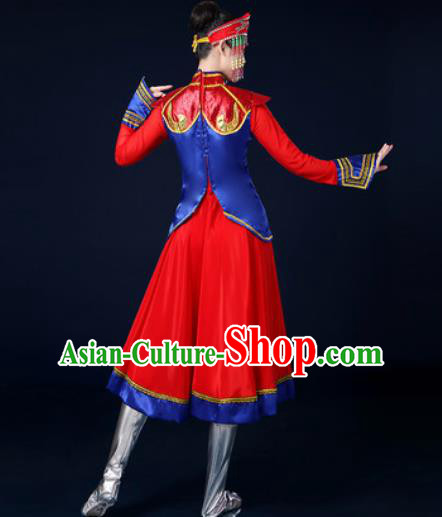 Traditional Chinese Ethnic Dance Red Dress Mongolian Nationality Stage Performance Costume for Women