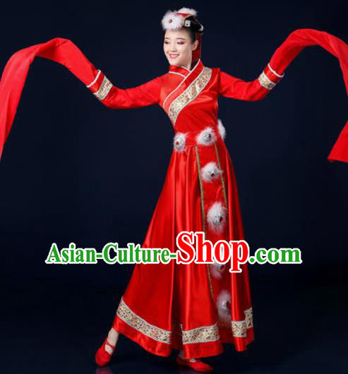 Traditional Chinese Tibetan Ethnic Dance Red Dress Zang Nationality Stage Performance Costume for Women