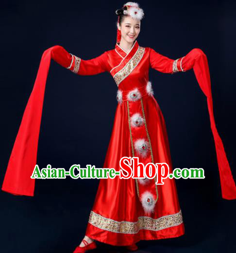 Traditional Chinese Tibetan Ethnic Dance Red Dress Zang Nationality Stage Performance Costume for Women