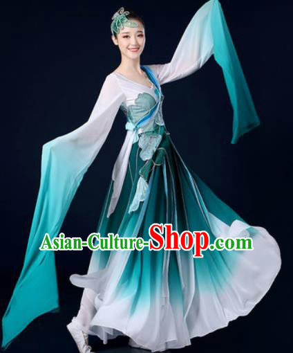 Chinese Traditional Classical Dance Water Sleeve Green Dress Umbrella Dance Stage Performance Costume for Women