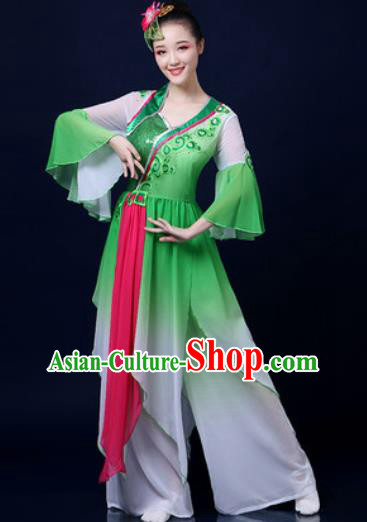 Traditional Chinese Classical Dance Green Veil Dress Umbrella Dance Stage Performance Fan Dance Costume for Women