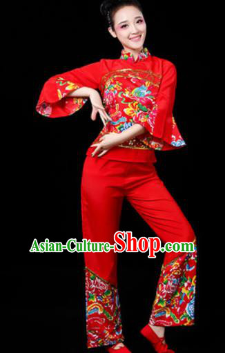 Traditional Chinese Folk Dance Printing Red Clothing Yangko Dance Fan Dance Costume for Women