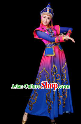 Traditional Chinese Ethnic Dance Blue Dress Mongolian Nationality Stage Performance Costume for Women